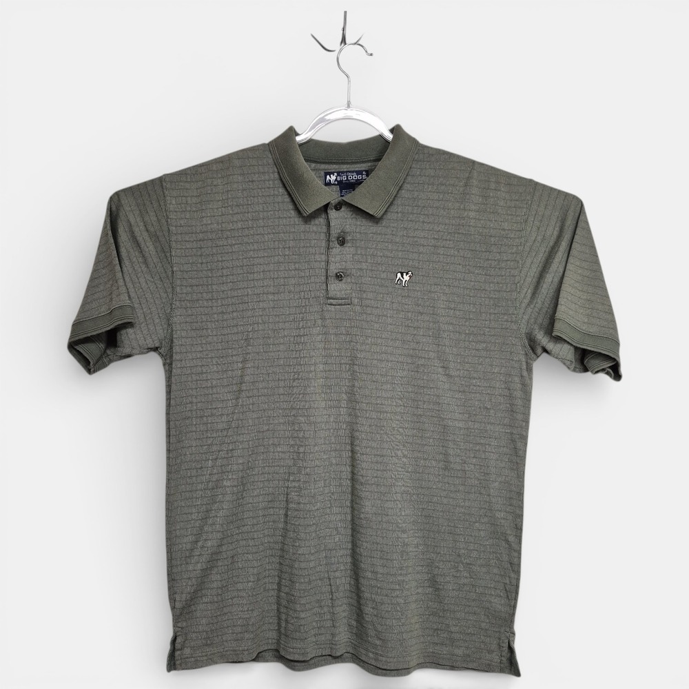 Big Dogs Mens XL Polo Shirt Olive Green Textured Stripe SS Cotton Blend Vintage